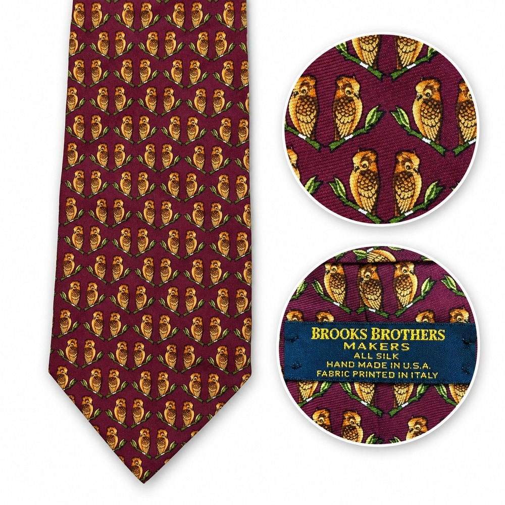 Brooks Brothers Makers Tie Mens OS Owl Print Burgundy Silk Hand Made USA Italy